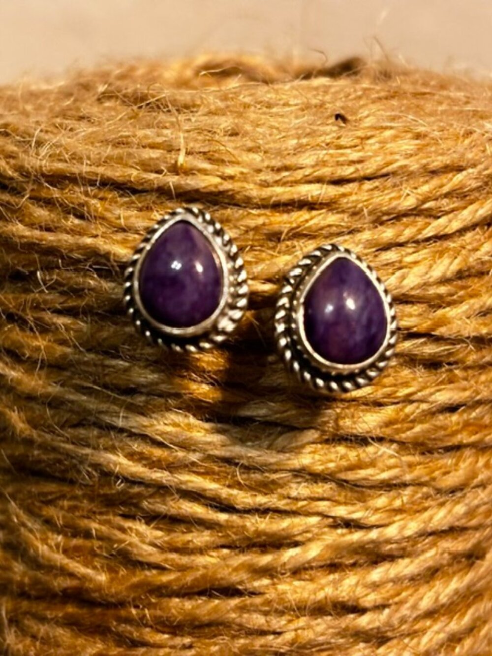 Sterling Silver 925 Vintage Navajo Yazzie Teardrop Purple Charoite Stud Earrings